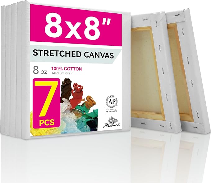 PHOENIX Stretched Canvas for Painting 8x8 Inch/7 Value Pack, 8 Oz Triple Primed 5/8 Inch Profile 100% Cotton White Blank Canvas, Square Framed Canvas for Oil Acrylic & Pouring Art