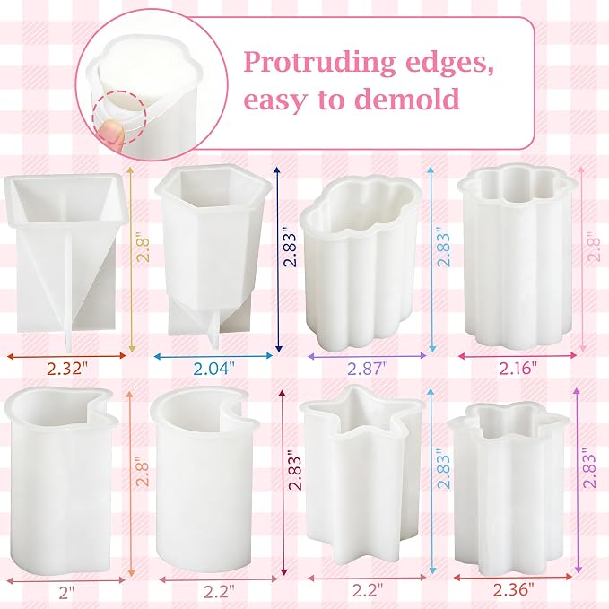 8PCS Reusable Silicone Candle Molds Set - Prism/Square Pyramid/Cloud/Pentagon/Hexagon/Flower/Cat Shapes for DIY Candle Making, Soap, Resin Crafts, Easy Release Candle Making Kit
