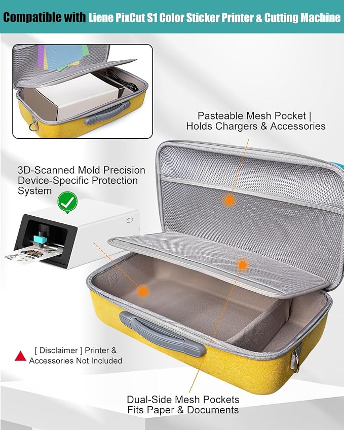 Hard Carrying Case for Liene PixCut S1 Color Photo Sticker Printer & Cutting Machine All-in-One Sticker Maker for DIY Crafts, PixCut S1 Storage Bag with Adjustable Divider