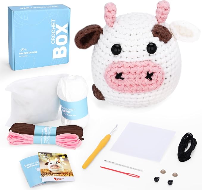 Crochet Kit for Beginners: Cow Crochet Kit, Including Step-by-Step Video Tutorials, Instruction, Hook, Accessories, Surprise Birthday Gift for Adults, Relaxing Crafts