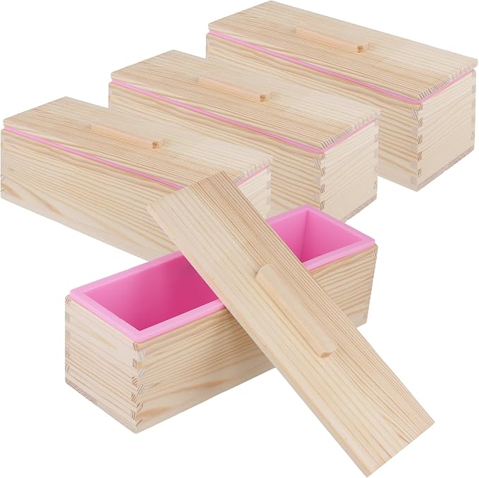 4PCS 42oz Silicone Soap Kit, Pink Rectangular Silicone Loaf Soap Making with 4 Wooden Boxes and 4 Lids, DIY Supplies for Soap Making