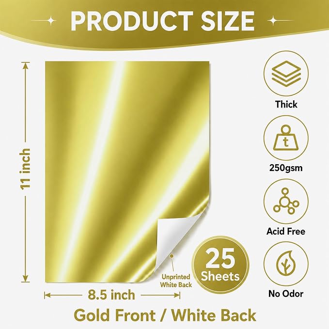 25 Sheets Metallic Gold Cardstock Paper Cardstock 8.5 x 11 Shimmer Sheets 250gsm/92lb Heavyweight Scrapbook Paper for Certificates, Invitations, Greeting Cards, Crafts, Graduations
