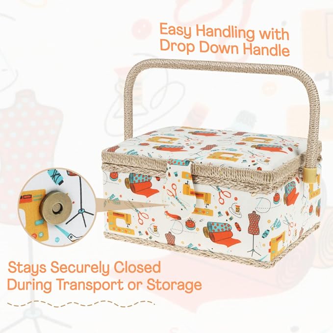 Sewing Basket Large Storage Organizer with Complete Sewing Kit Accessories, Wooden Sewing Box Kits with Removable Tray Tomato Pincushion for Mending, White