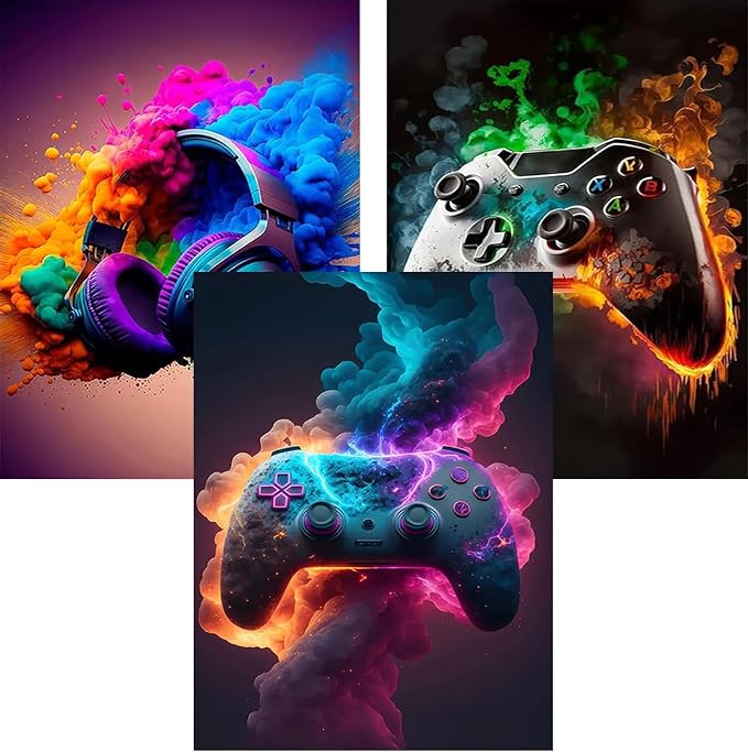 VeGuude Diamond Art Kits for Adults,3 Pack Gaming Theme Diamond Painting Dots Art Kits for Adults Beginner, Game Controller DIY Full Round Gem Crystal Art Paint by Diamond, Home Wall Decor 12x 16 in