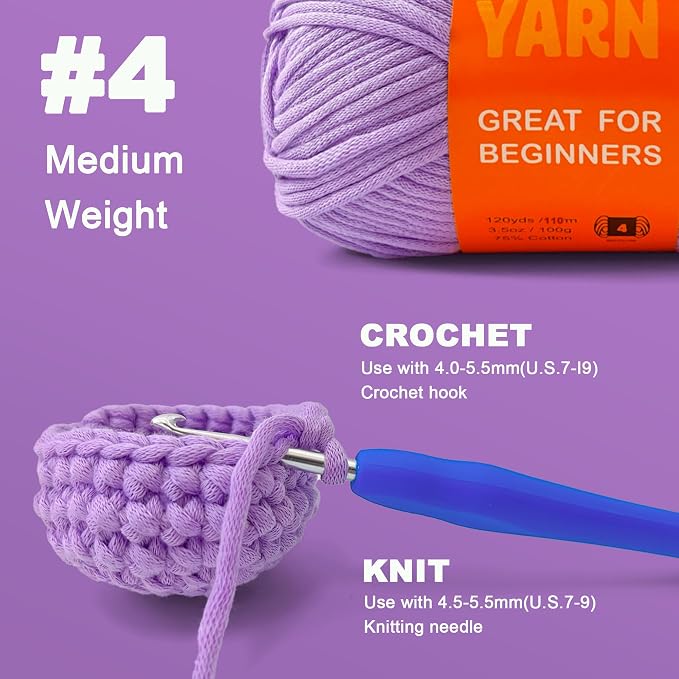 3.5Oz/120yds Purple Beginner Easy Yarn for Crocheting and Knitting;Worsted-Weight Medium #4;Cotton Blend Yarn for Beginners Amigurumi DIY(Purple,1 Skein)
