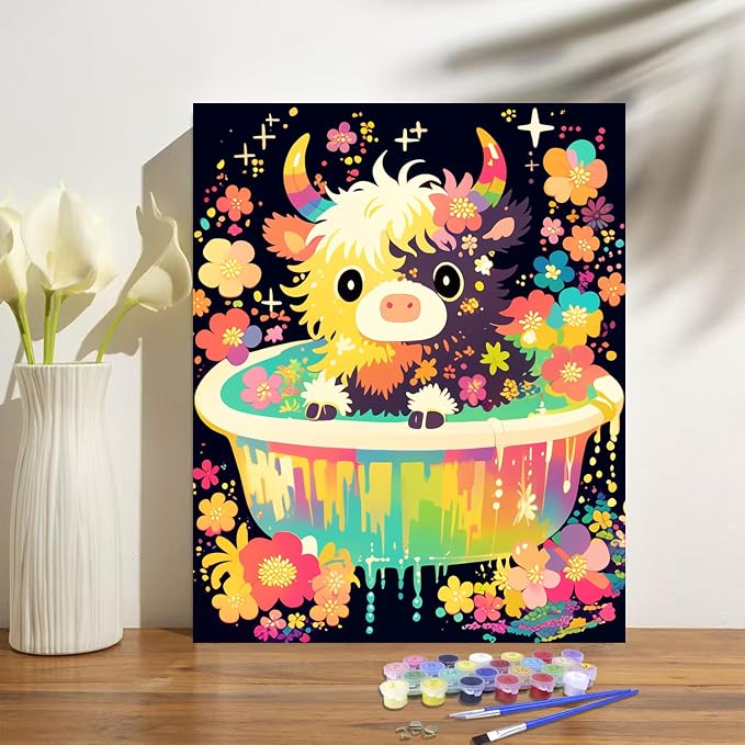 obterie Highland Cow Paint by Numbers Kit for Adults Beginner Cow Oil Painting Kit Adult Paint by Number Kits on Canvas DIY Painting for Beginners Art by Numbers for Gifts Home Wall Decor 16x20 Inch
