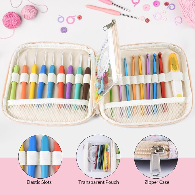Crochet Hook Case, Portable Zipper Storage Organizer Bag for Crochet Needles/Knitting Accessories, Lightweight Crochet Hook Kit Tools, Easy to Hold(No Accessories Included). Green Rose