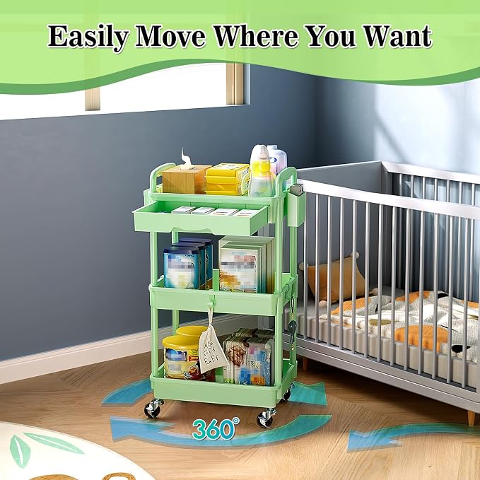 SUNALLY 3 Tier Rolling Cart with Drawer, Craft Storage Cart Organizer,Green