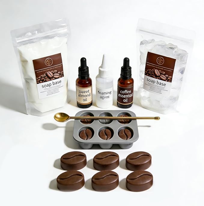 DIY Coffee Soap Making Kit for Beginners, Complete Handmade Craft Set with Coffeebean Molds, Soap Base, Foaming Agent, Sweet Almond Oil, Coffee Fragrance, Gift Ready