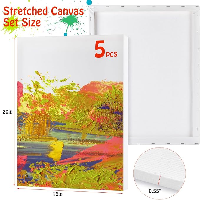 Stretched Canvas for Painting - 16x20 Inch/5 Canvas Value Pack - Triple Primer Acid Free 100% Cotton Blank Canvas for Painting Supplies Oil and Acrylic Pouring Art Watercolor