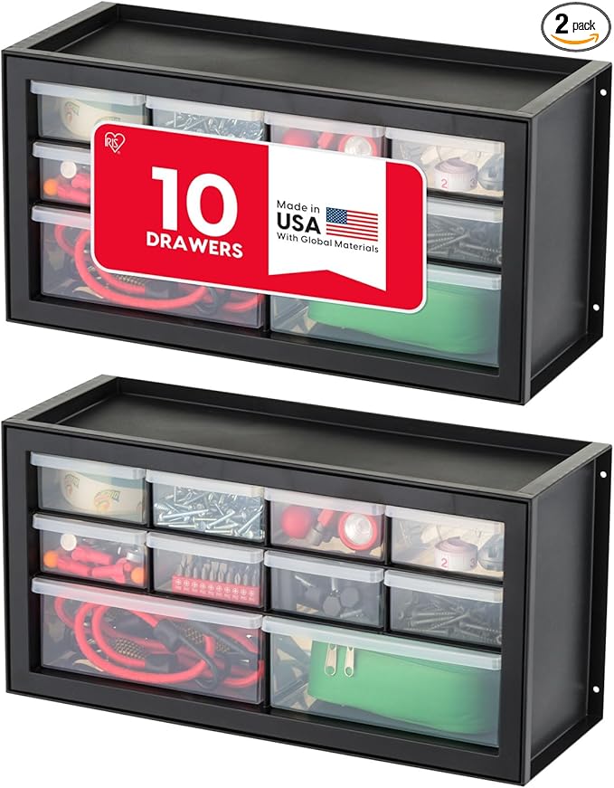 IRIS USA Plastic Storage Drawer Organizer, 10 Drawer Cabinet, 2 Pack, Black | Made in USA organizer stores hardware, beads, screws, classroom supplies, crafts, building bricks, and hobby items.