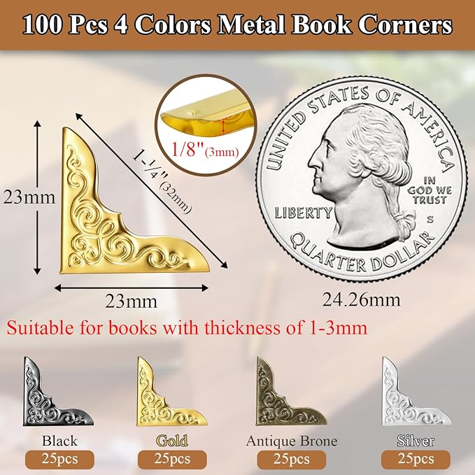 100pcs Metal Book Corner Protectors, 4 Assorted Colors Photo Corners Protector for Picture Vintage Photo Covers Decorative Paperbacks Scrapbooking Journal Book Edge Guard Accessories