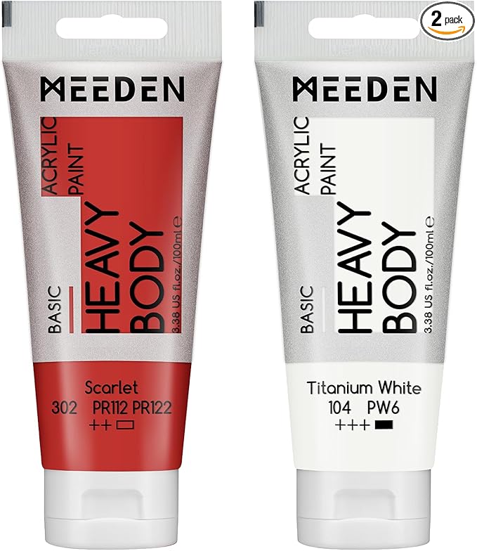 MEEDEN Acrylic Paint Scarlet Red: 100ml/3.38oz x 2 with Titanium White | Heavy Body Artist Acrylic Paint Set for Canvas, Wood & Craft, Non-toxic Creamy Art Paint with Titanium White for Mixing