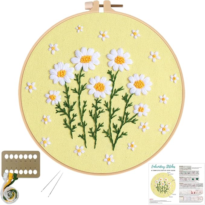 Louise Maelys Daisy Flower Embroidery Kit for Beginners, Floral Pattern | Complete Set Cross Stitch Kits Includes Hoop, Threads, Needles and Guide. Create Floral Crafts with DIY Needlepoint Kit
