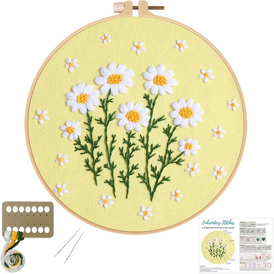 Louise Maelys Daisy Flower Embroidery Kit for Beginners, Floral Pattern | Complete Set Cross Stitch Kits Includes Hoop, Threads, Needles and Guide. Create Floral Crafts with DIY Needlepoint Kit
