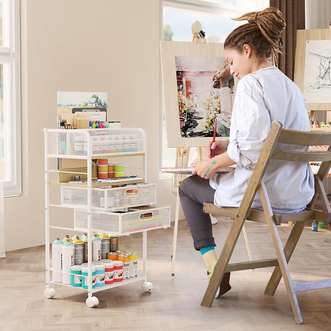 Homsorout Art cart, 5 Tier Rolling Cart - Utility Cart with Storage Drawer and Wheels, Versatile Art & Craft Organizer for Home, Office, or Studio Ideal for Storing Brushes, Paints （Maple）