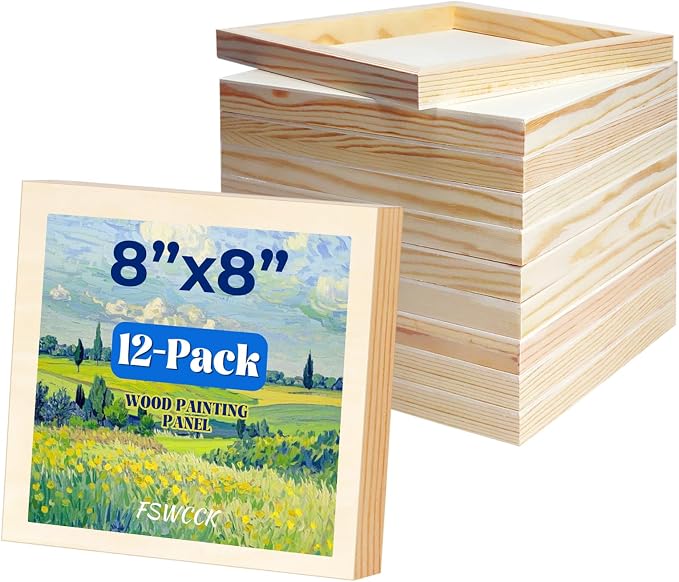 FSWCCK 12 Pack 8 x 8’’ Wooden Panel Boards, 0.79’’ Deep Unfinished Wood Canvas Panels for Crafts, Painting Canvas, DIY Art Projects, Pouring Arts