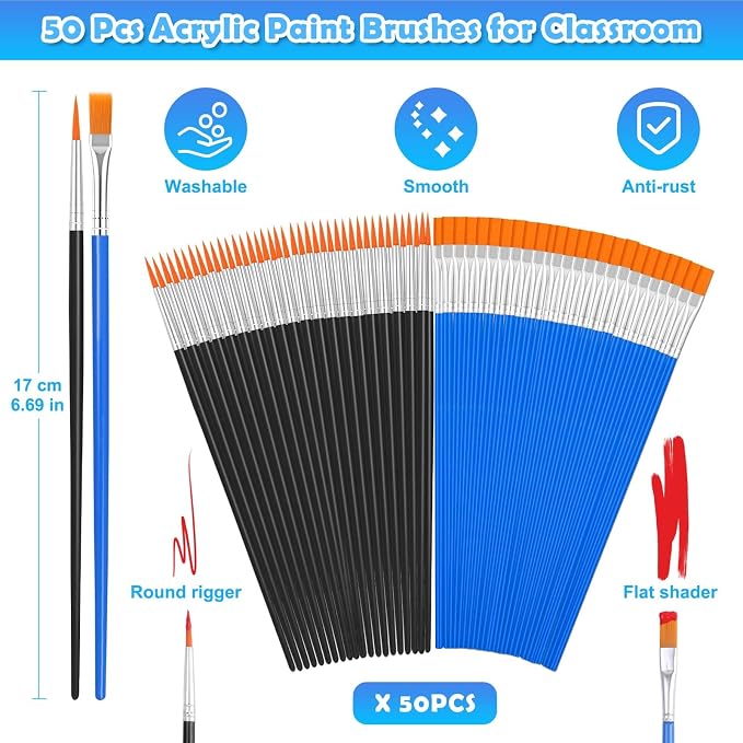 70Pcs Paint Brushes Small, Flat and Round Tip Paint Brushes for Kids Classroom Craft Nylon Hair Paint Brush for Acrylic Water Color Canvas Face Painting