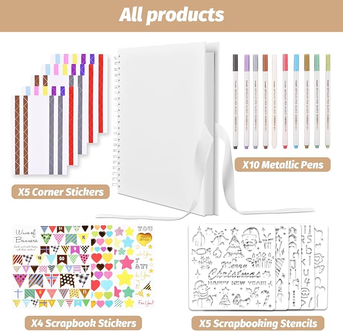 GOTIDEAL 12 x 12 Inch Scrapbook Album with 10 Metallic Markers, White | 80 Pages Craft Paper Photo Album for Wedding and Anniversary, Family DIY Photo Album with Scrapbooking Stickers Corners