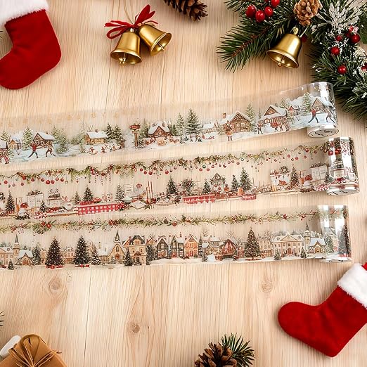 3 Rolls Christmas Washi Tape Set, 65mm x 2m PET Scrapbook Tape Christmas Stickers for Scrapbooking Supplies Winter Xmas Landscape Washi Tape Scrapbook Stickers for Journaling Washitape Masking Tapes