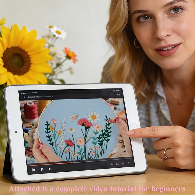 Flower Embroidery Kits for Beginners Adults, Hand DIY Embroidery Art Kits, Floral Stamped Cross Stitch Kits for Beginner Adults Craft Kits for Women, Entire Set of Embroidery Supplies & Video Tutorial