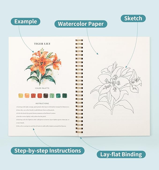 Watercolor Workbook, Water Coloring Book, 12 Different Patterns of Original DIY Designs, 50 Colors Watercolor Paint Set with Palette and Brush, Beginner-Friendly Watercolor Workbooks (Bouquets)