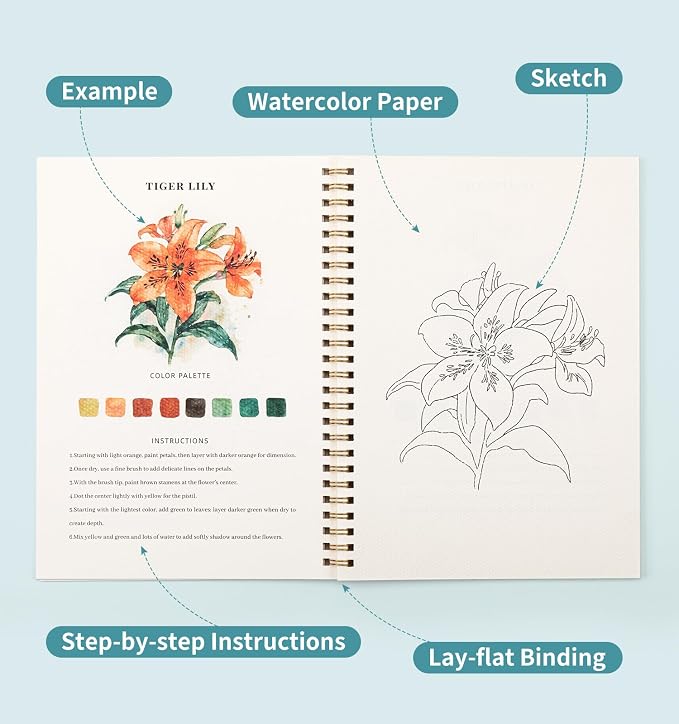 Watercolor Workbook with 12 Bouquet Patterns, 50Colors Watercolor Paint Set | Water Coloring Book, Beginner-Friendly Watercolor Workbooks for Creative Exploration Gift for Adults