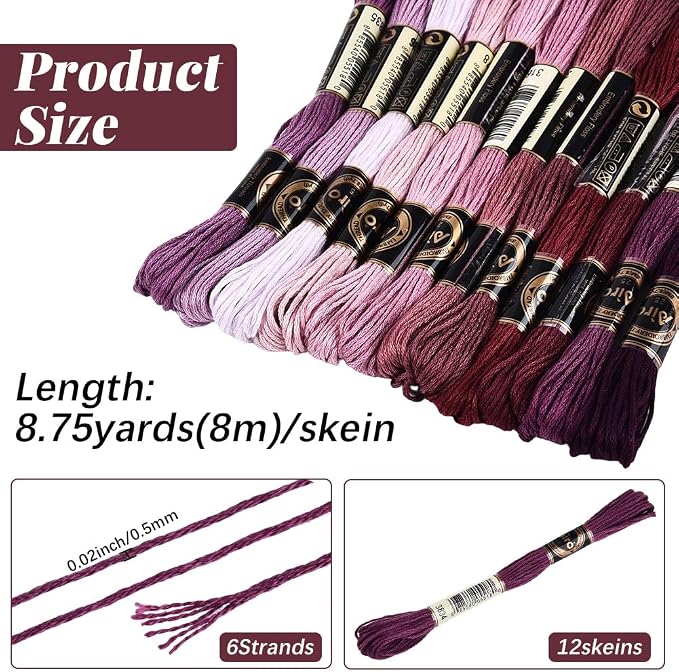 12 Skeins 105 Yards 6 Strands Dark Purple Friendship Bracelet String Embroidery Floss Yarn Gradient Variegated Cross Stitch Bulk Cord Thread Set for Sewing Making Knitting DIY Crafts Supply