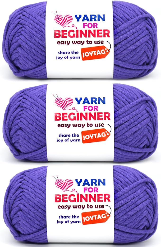 Cotton Crochet Knitting Yarn - Dark Purple, Easy-to-See Stitches, Cotton-Nylon Blend, Beginner's Kit (3x50g)