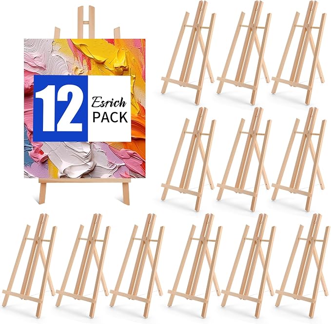 ESRICH 12 PCS 16in Wood Easels, Tabletop Easel for Painting Party | Paint Easel for Display Canvas, Photos, Display Tripod Holder Stand for Students Kids