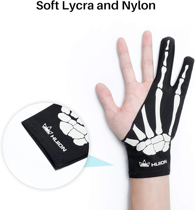 HUION Skeleton Artist Glove for Drawing Tablets, Left or Right Hand | Two-Finger Soft Lycra and Nylon Glove for Tablet Drawing, Monitor Painting and Paper Sketching, Reduces Friction