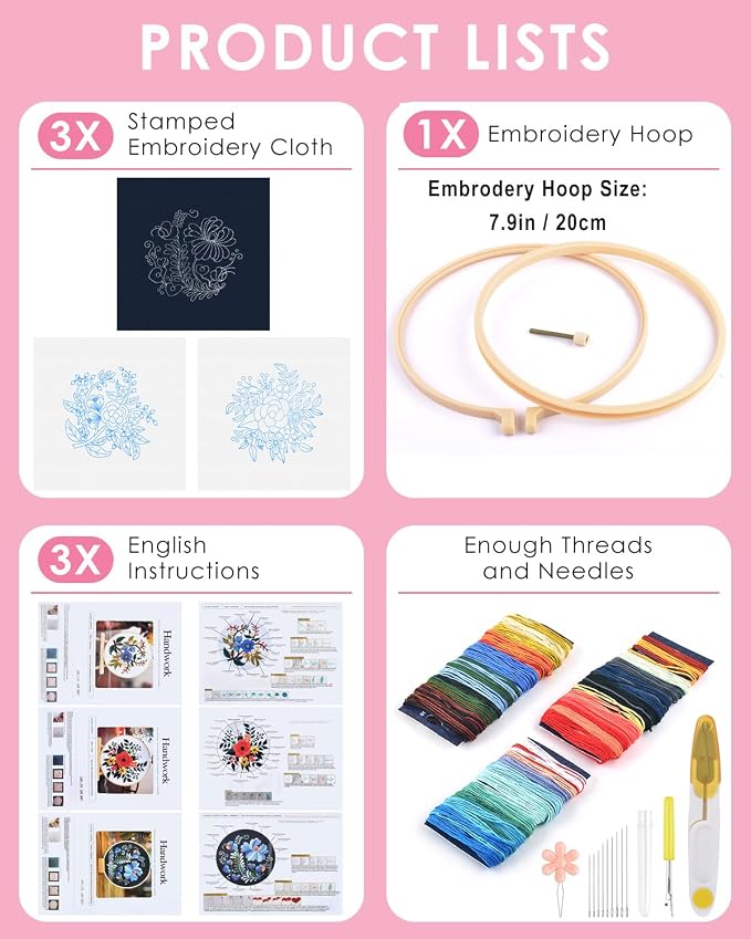 TINDTOP 3 Sets Embroidery Kit for Adults, Floral Embroidery Practice Kit