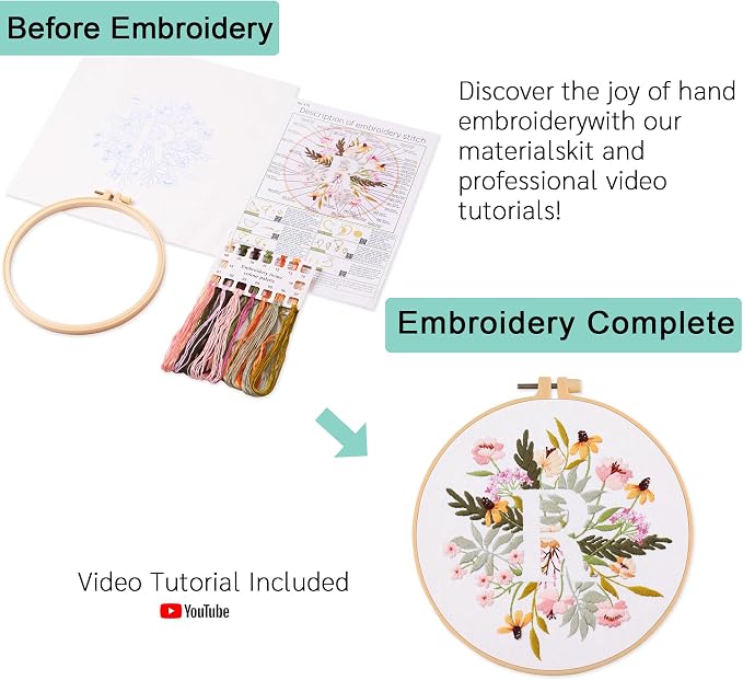 Harimau Letter R Pattern Embroidery Kit for Adult Beginners, Complete Starter Pack with 1 Hoop, Needles, Instruction Guide & Embroidery Stitch Video Tutorials