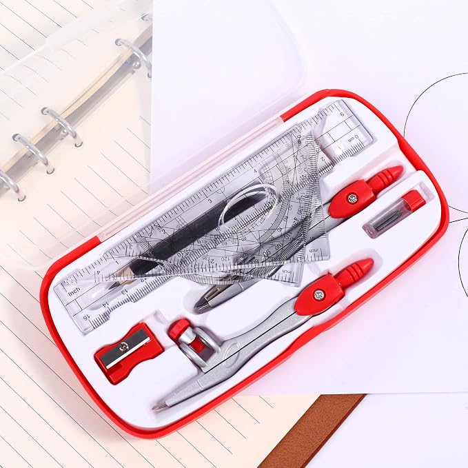 Unjoo Math Geometry Set 10 Pcs, Compass and Protractor for Students (Red | Shatterproof Storage Box,Rulers,Protractor,Compass,Eraser,Pencil Sharpener,Lead Refills,Pencil,for Classroom, Back to School