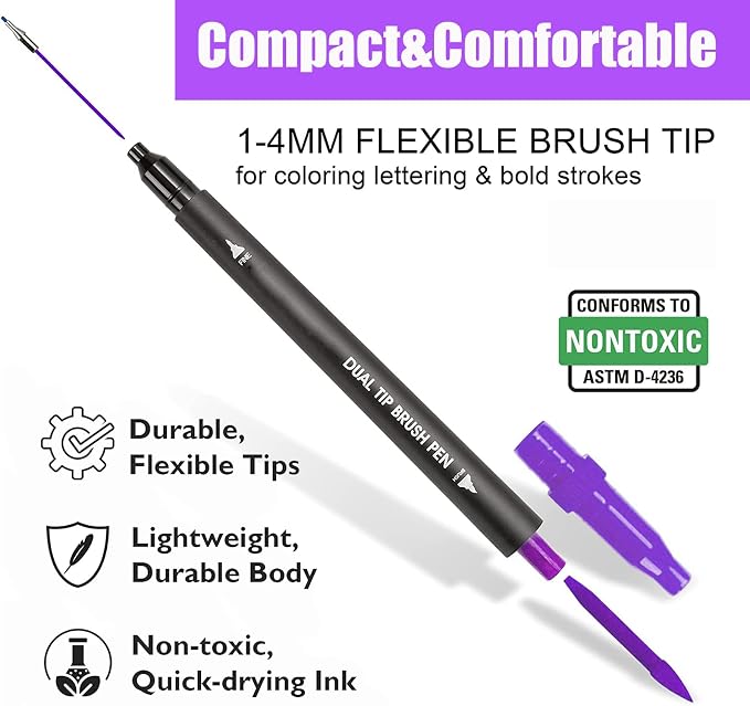 Purple Double Tip Brush Pens Art Markers,12 Colored Artist Fine Brush Pen Coloring Markers for Adult Drawing Art Craft Kit