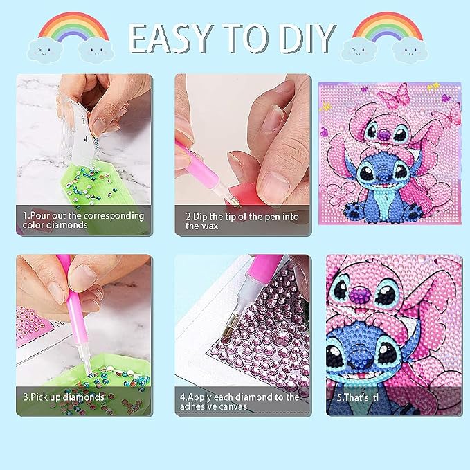 Fuinkqe Diamond Art Kits for Kids with Wooden Frame, Cartoon Diamond Art for Kids Ages 4-8-12, Diamond Art Painting Mosaic Kits for Gift Home Wall Decor (7x7 inch)
