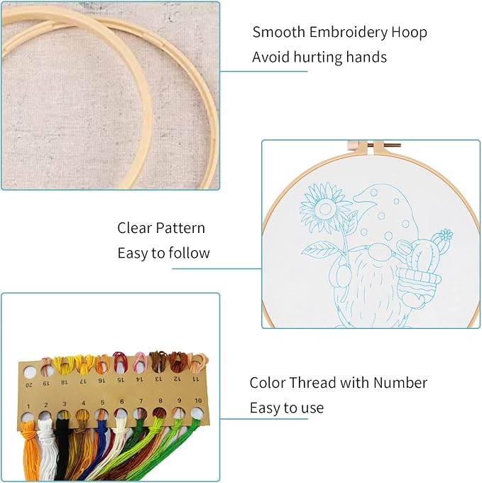 Nuberlic Embroidery Kit for Beginners Adults with Gnome Pattern | Adults Starter Cross Stitch Kit DIY Needlepoint with Hoop, Pre-Printed Fabric, Threads & Step-by-Step Guide