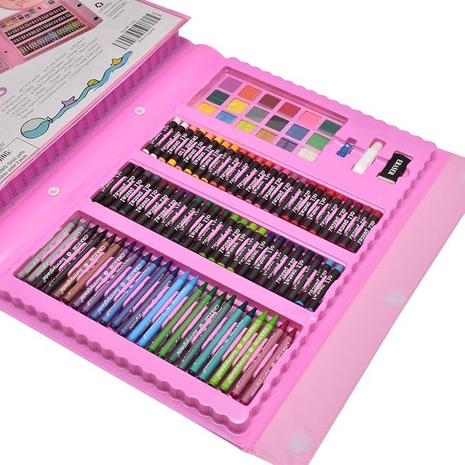 Sunnyglade 185 Pieces Double Sided Trifold Easel Art Set Art Supplies Pink | Art Kit Drawing Art Box with Oil Pastels, Crayons, Colored Pencils, Markers, Paint Brush, Watercolor Cakes, Sketch Pad