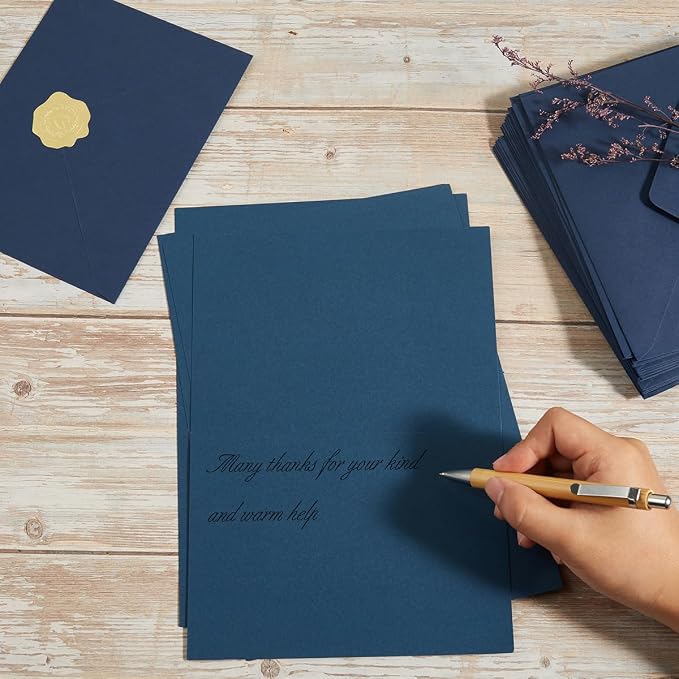 50 Pack Navy Blue A7 Envelopes with Cards and Gold Stickers, 5x7