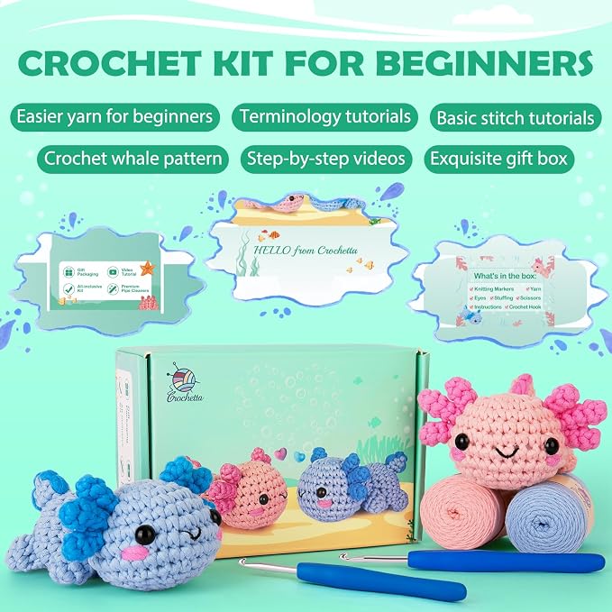Crochetta Crochet Kit for Beginners, Beginner Crochet Starter Kit w Step-by-Step Video Tutorials, Learn to Crochet Kits for Adults Women Men, DIY Knitting Supplies, Axolotls (Blue and Pink)