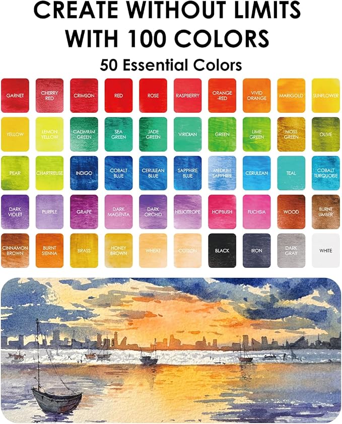 Grabie Set of 100 Color Premium Watercolor Paint Set with Brush Pens | Brush Pens And Paper Pad Included, Waterproof Fineliner, Portable Art Kit, High Pigment Paints, Smooth Color Blending