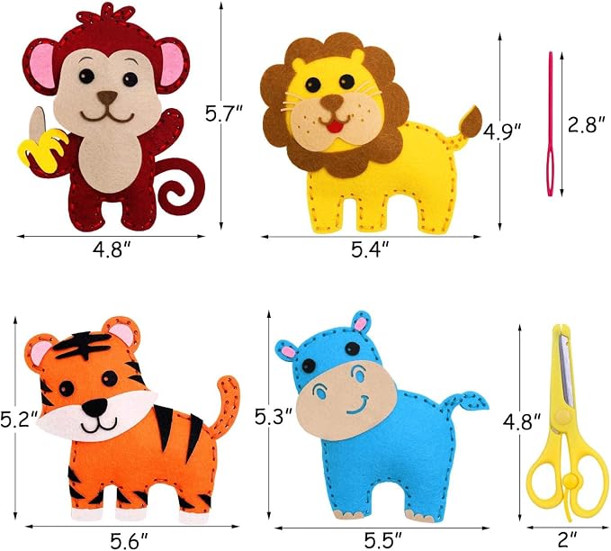 CiyvoLyeen Kids Sewing Kit Crafts - Safari Jungle Animal DIY Felt Crafts for Boys & Girls Art & Craft Set Learn to Sew Toy Animals Gift for Ages 7–12, 10 Cute Projects