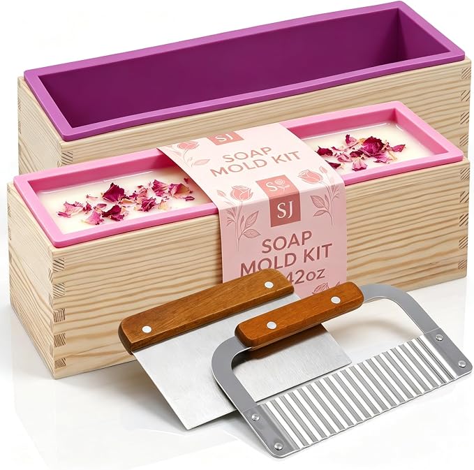 SJ 2-Pack 42 oz Soap Making Kit with Loaf Molds, Wooden Box & Cutters | Pink & Purple Silicone Loaf Molds, 2 Wooden Boxes, Straight & Wavy Cutters, Reusable, Perfect for DIY Gifts