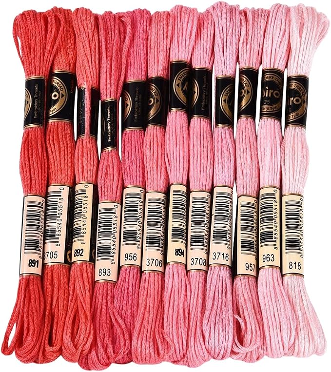 12 Skeins 105 Yards 6 Strands Pink Embroidery Floss Cord Friendship Bracelet String Threads Variegated Gradient Bulk Cross Stitch Thread Yarn Set for Sewing Making Knitting Craft DIY Supply