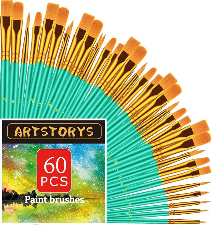 Artstorys Paint Brushes Set, 60 Pcs Acrylic Oil Watercolor Painting Brushes | Bulk Artist Paintbrush (Nylon Hair Wood Handles) for Adult Drawing, Great for Face, Rock & Canvas, Arts Craft Supplies, Green