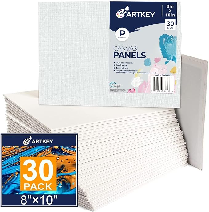 Artkey Canvases for Painting 8x10 Inch 30-Pack, 10 oz Primed 100% Cotton White Blank Flat Canvas Boards, Art Paint Canvas Panels for Acrylic Oil Watercolor Tempera Paints