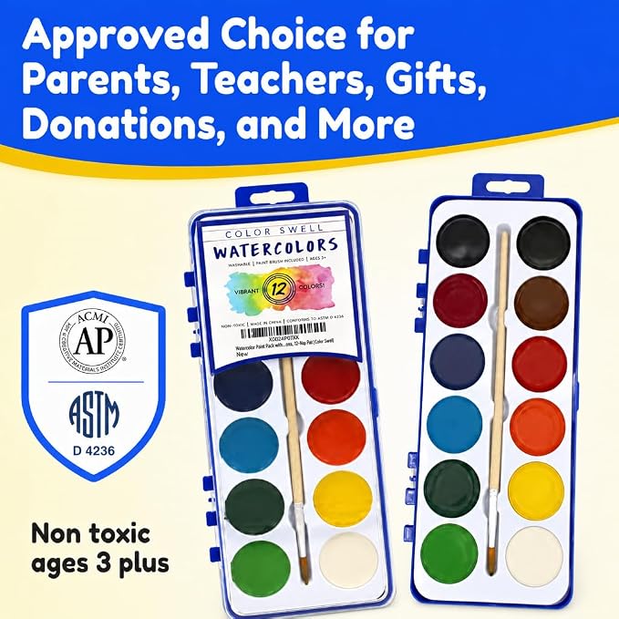 Color Swell 12 Color Bulk Watercolors with Wood Brushes, 18 Pack