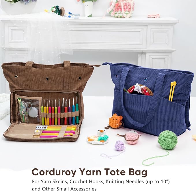 MYBAGZING Large Yarn Tote Organizer – Corduroy Knitting Storage Holder for Yarn, Hooks & Accessories, Portable Craft Carryall for Crocheting Lovers, Mother’s Day Gift