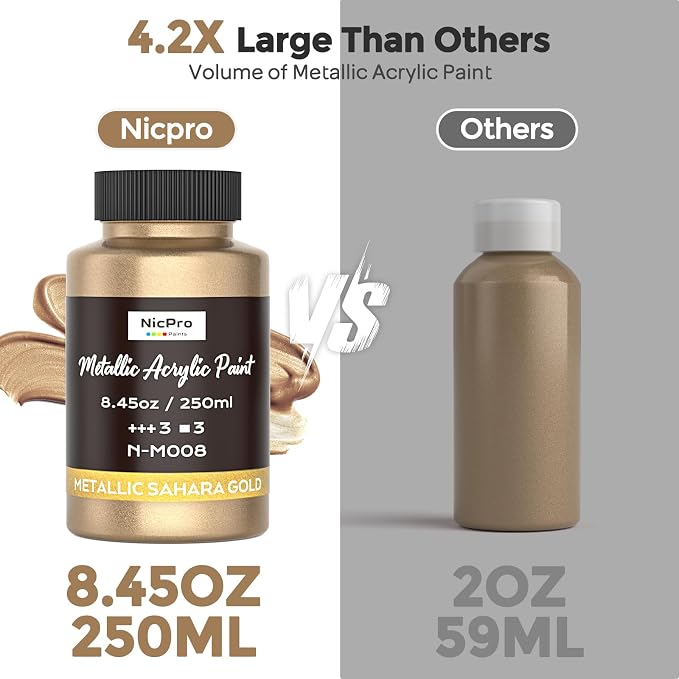 Nicpro Metallic Sahara Gold Acrylic Paint, 8.45oz/250ml Gold Leaf Paint | Large, Non Toxic, Non Fading Gold Paints for Metal, Wood, Craft, Clay, Fabric, Canvas, Furniture, Handcrafts, Art Supplies