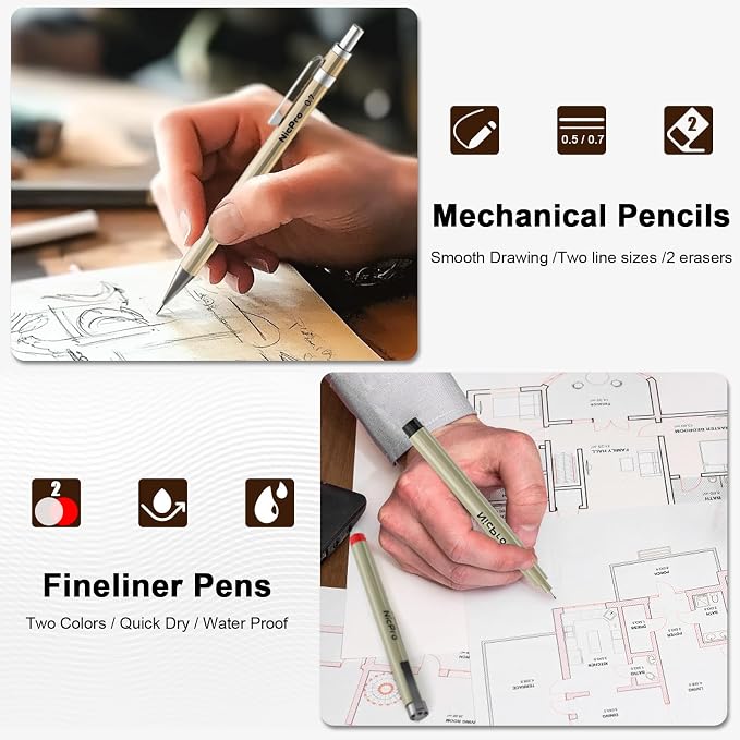 Nicpro 20PCS Professional Geometry Set Drafting Tool Protractor Compass | With Case, Metal Rulers, Triangles, Pens, Pencils, Drawing Supplies, Drafting Kit for Architecture and Engineering Students